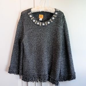 Ruby Rd Women's Silver Metallic Sweater, Sz XL, Jewel Embellished Neckline